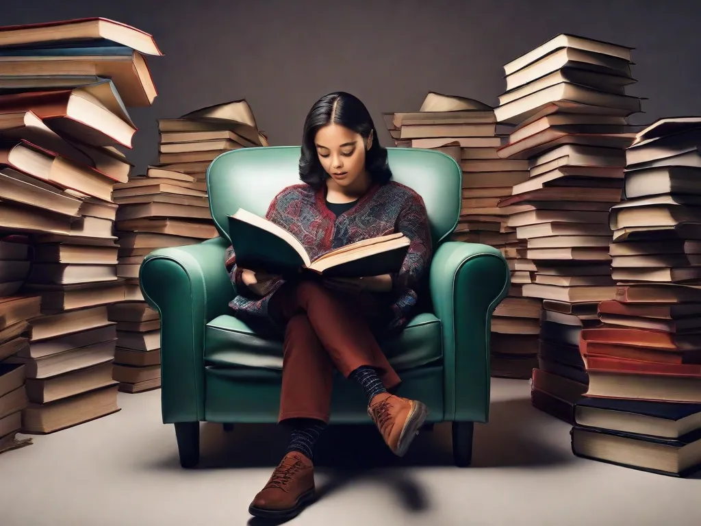 Uma foto de uma pessoa sentada em uma cadeira confortável, cercada por pilhas de livros. A pessoa está absorta em um dos livros, com uma expressão de espanto e curiosidade no rosto. A imagem captura o poder transformador da leitura, à medida que ela abre novas perspectivas e expande nossa compreensão do mundo.