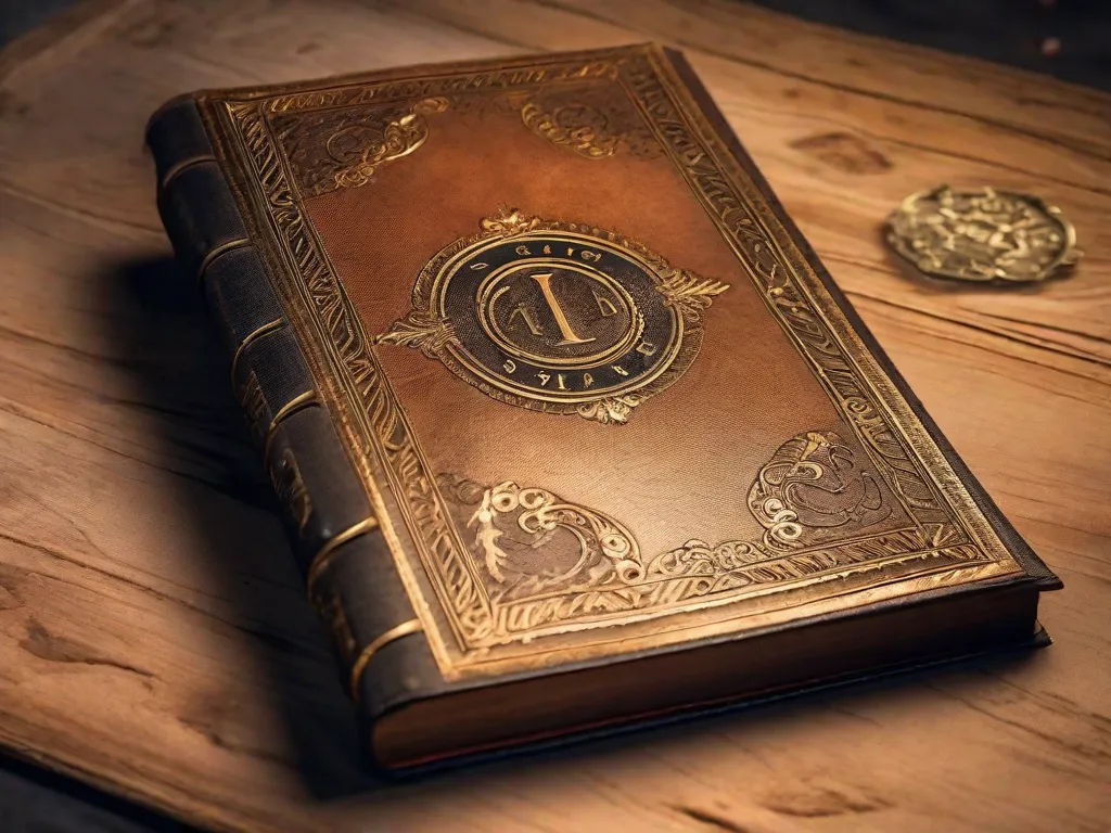 Um livro antigo encadernado em couro, com letras douradas intrincadas na capa, intitulado 