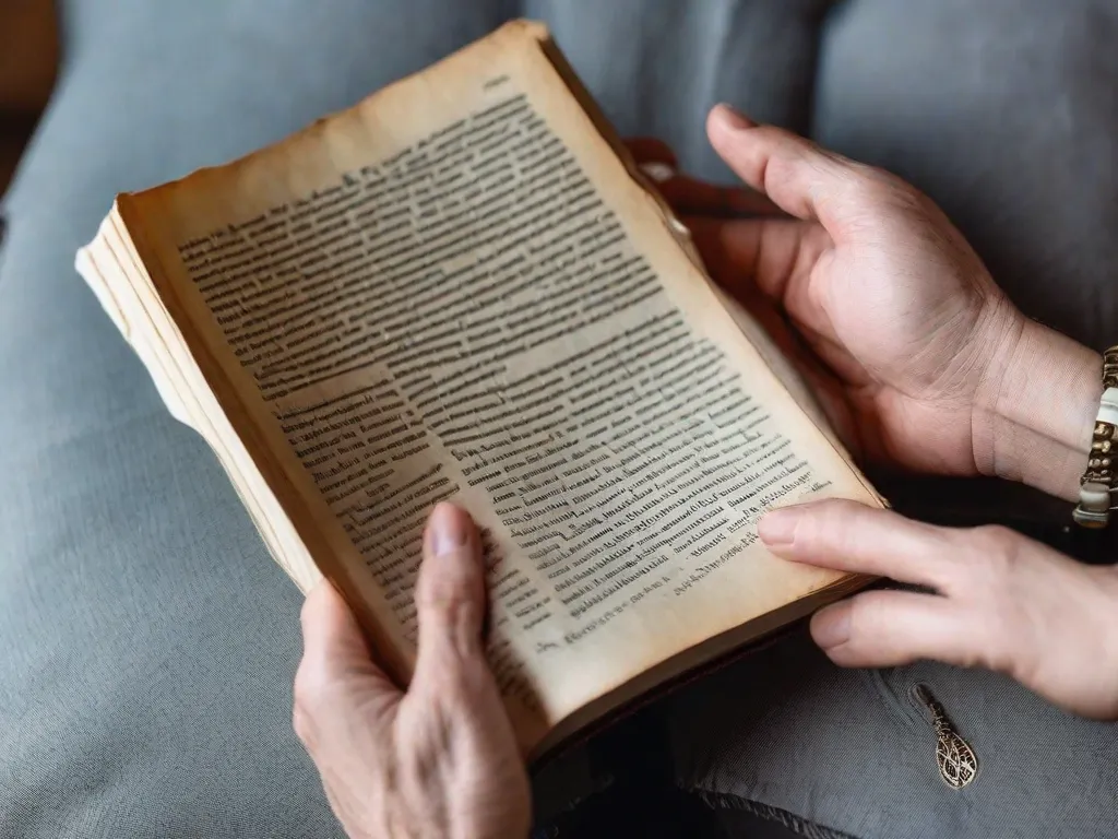 Descrição da imagem: Um close das mãos de uma pessoa segurando um livro com capa desgastada. As páginas estão levemente amassadas, indicando que foi muito lido e valorizado. As mãos parecem segurar o livro com firmeza, como se procurassem consolo e conforto em suas páginas. A imagem evoca um senso de resiliência e determinação diante da angústia.