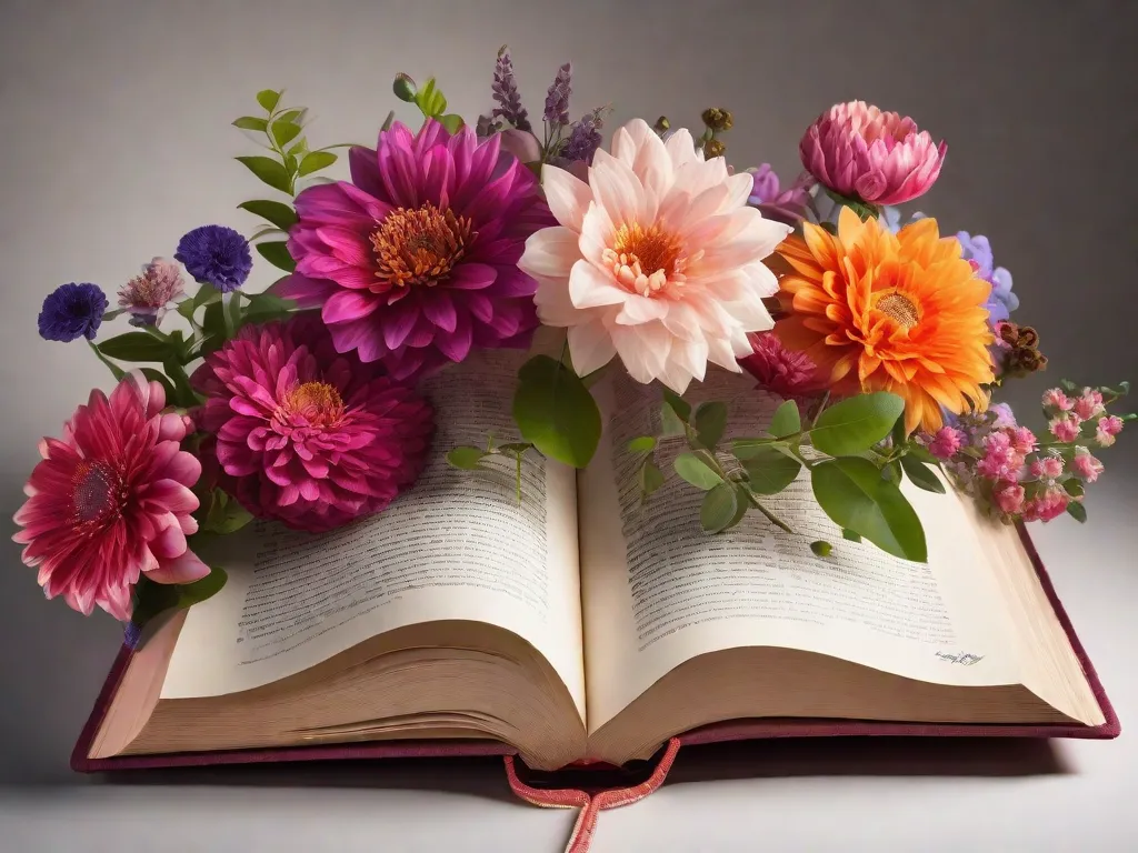 Uma imagem de um livro aberto com flores vibrantes e florescendo brotando de suas páginas. Cada flor representa um aspecto diferente do crescimento pessoal, simbolizando como a leitura pode transformar e nutrir a mente, permitindo que as pessoas floresçam e prosperem em várias áreas de suas vidas.