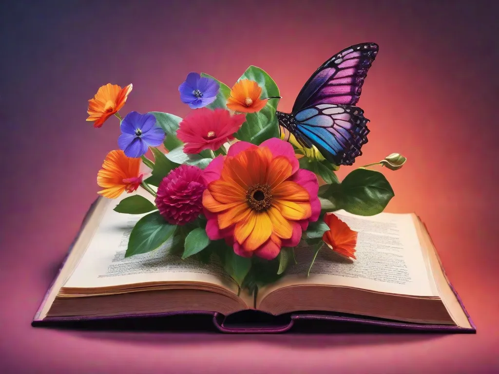 Uma imagem em close de um livro com flores vibrantes e florescendo saindo de suas páginas, simbolizando o poder transformador da leitura. As flores representam o crescimento pessoal, o conhecimento e as novas perspectivas que florescem dentro de nós quando mergulhamos nas páginas de livros inspiradores.