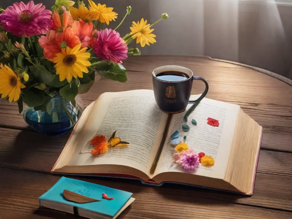 Uma imagem em close-up de um livro desgastado, com páginas cheias de ilustrações coloridas e anotações escritas à mão. O livro está colocado em uma mesa de madeira ao lado de uma xícara de café fumegante e um vaso de flores frescas, simbolizando como a leitura alimenta a inspiração e a criatividade.