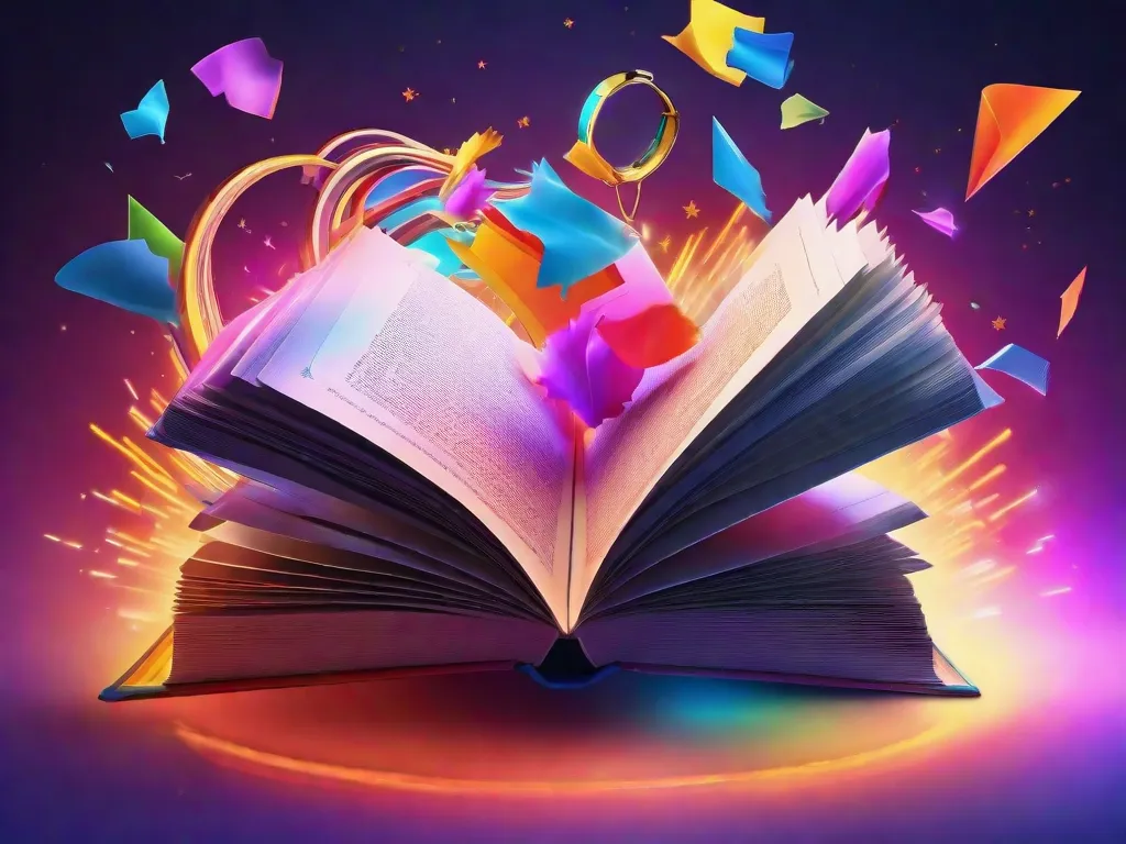 Uma imagem vibrante de um livro aberto flutuando no ar, cercado por uma explosão de imaginação colorida. Palavras e histórias fluem das páginas, entrelaçando-se com os pensamentos do leitor, criando um mundo de possibilidades ilimitadas e expandindo a mente para novos horizontes.