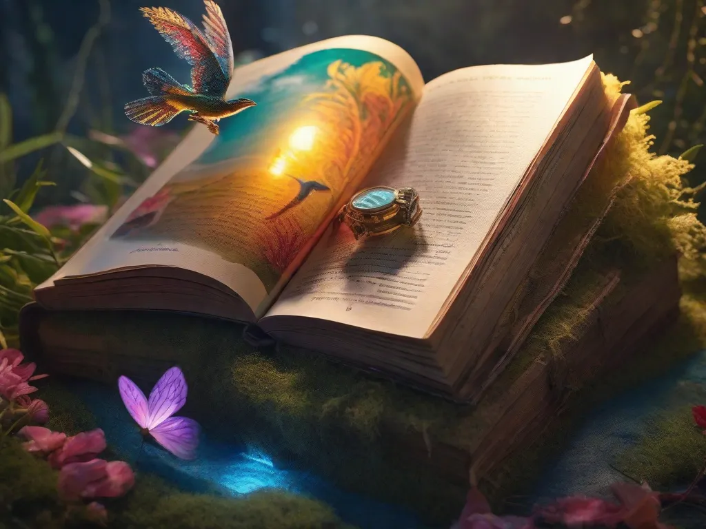 Uma imagem em close-up de um livro desgastado com suas páginas levemente abertas, revelando um mundo de cores vibrantes e criaturas fantásticas. O livro está cercado por um brilho suave, simbolizando o despertar da imaginação e as infinitas possibilidades que se encontram nas páginas.