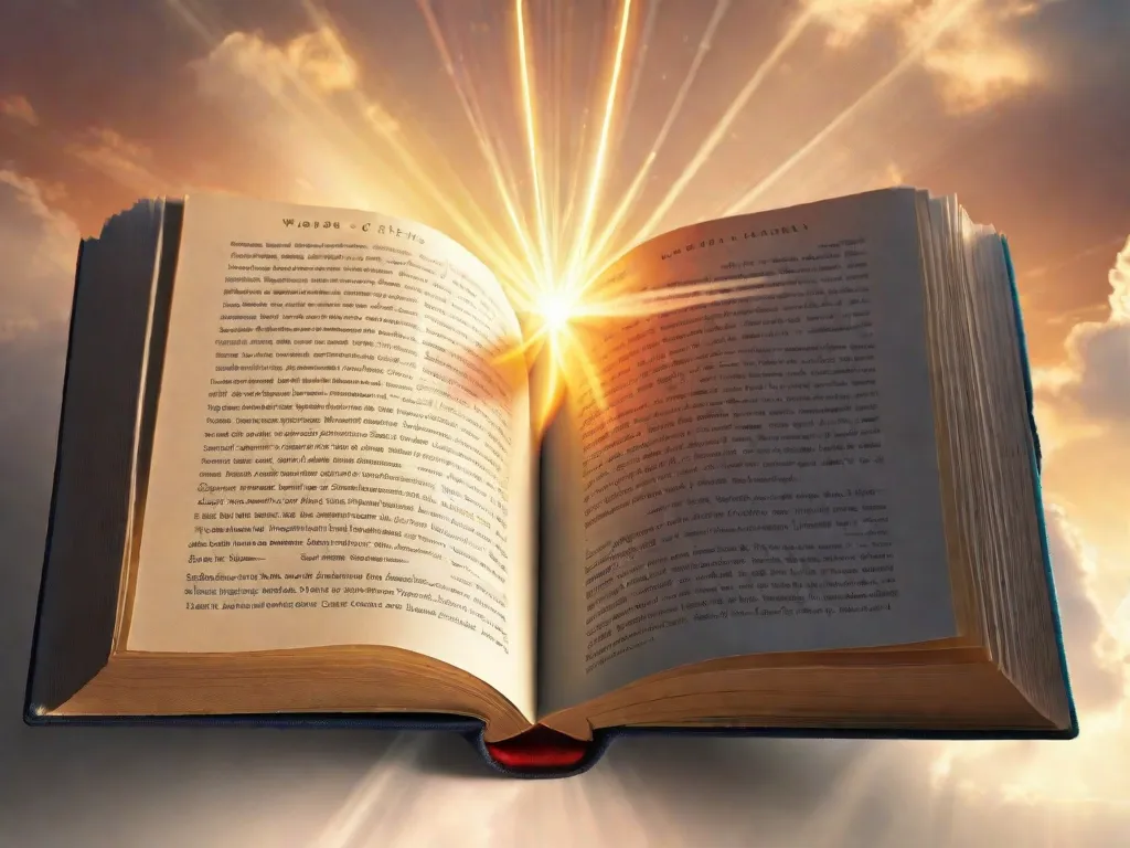 Uma imagem em close-up de um livro aberto, com raios de luz saindo de suas páginas, simbolizando o enriquecimento espiritual por meio do poder das palavras. As palavras nas páginas aparecem vibrantes e vivas, evocando uma sensação de iluminação e crescimento interior.