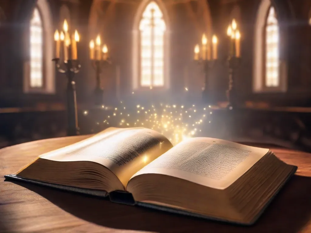Uma imagem pacífica de um livro aberto com raios de luz brilhando através das páginas, simbolizando a presença de Deus em cada palavra e mensagem encontrada dentro de suas páginas sagradas.