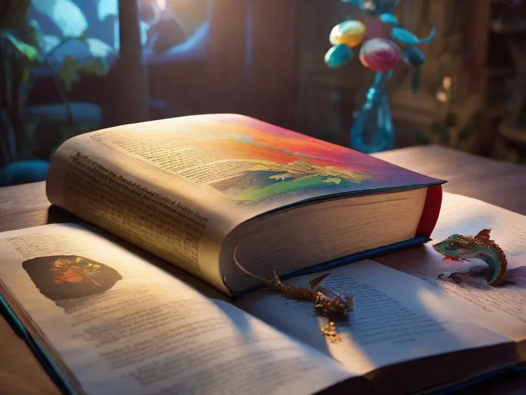 Uma imagem em close de um livro desgastado com suas páginas levemente abertas, revelando um mundo de cores vibrantes e criaturas mágicas. As páginas parecem ganhar vida, transportando o leitor para um reino encantado onde sonhos e imaginação se entrelaçam.