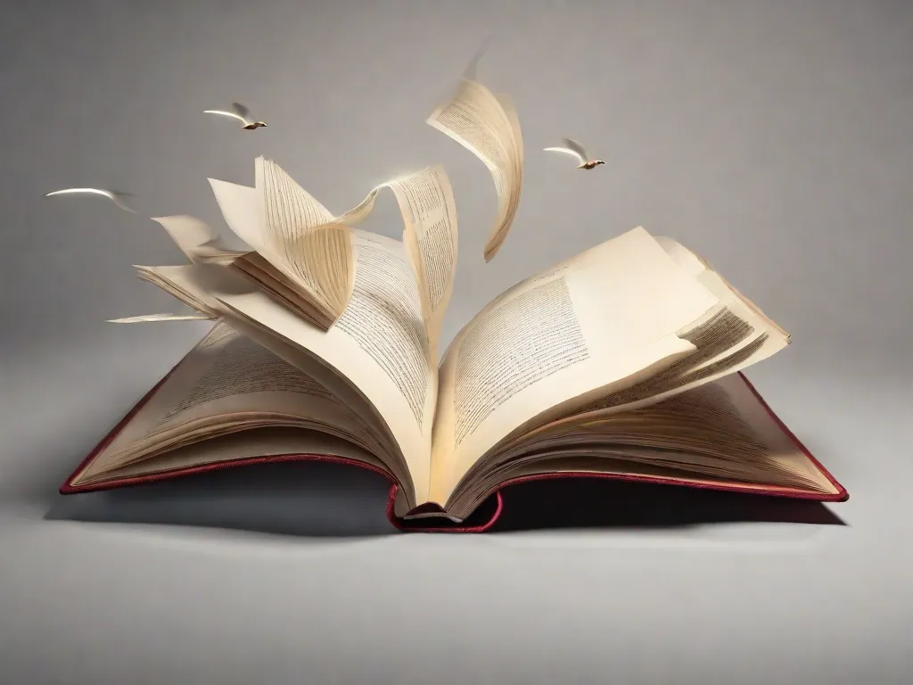 Uma imagem em close-up de um livro com páginas voando para fora, simbolizando o poder da leitura para quebrar barreiras e abrir novos mundos de conhecimento e compreensão.