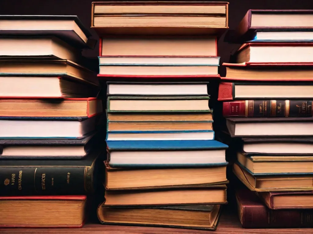 Descrição da imagem: Um close-up de uma pilha de livros em cima de uma mesa de madeira. Os livros variam em tamanho, cor e gênero, representando uma diversidade de conhecimento. Cada livro está aberto, revelando páginas cheias de palavras e ilustrações, simbolizando o poder dos livros para educar e transmitir sabedoria.