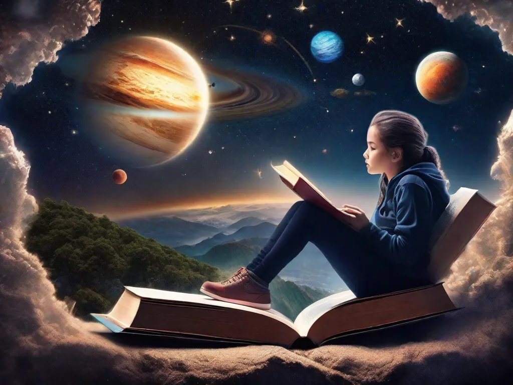 Immerse-se em um mundo de imaginação com livros. Imagine uma pessoa sentada em um livro flutuante, cercada por uma galáxia de estrelas e planetas. A pessoa está estendendo a mão para tocar um planeta distante, simbolizando as possibilidades ilimitadas e aventuras que aguardam nas páginas de um livro.