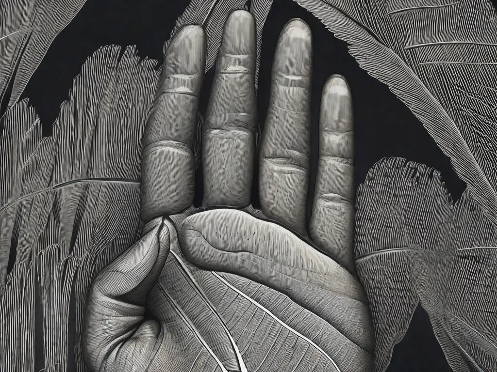 Uma imagem em close-up de uma mão com a palma voltada para cima. As linhas na palma são visíveis, criando um padrão bonito e intrincado. Cada linha representa uma história única, revelando os segredos e o destino que as montanhas da mão guardam.