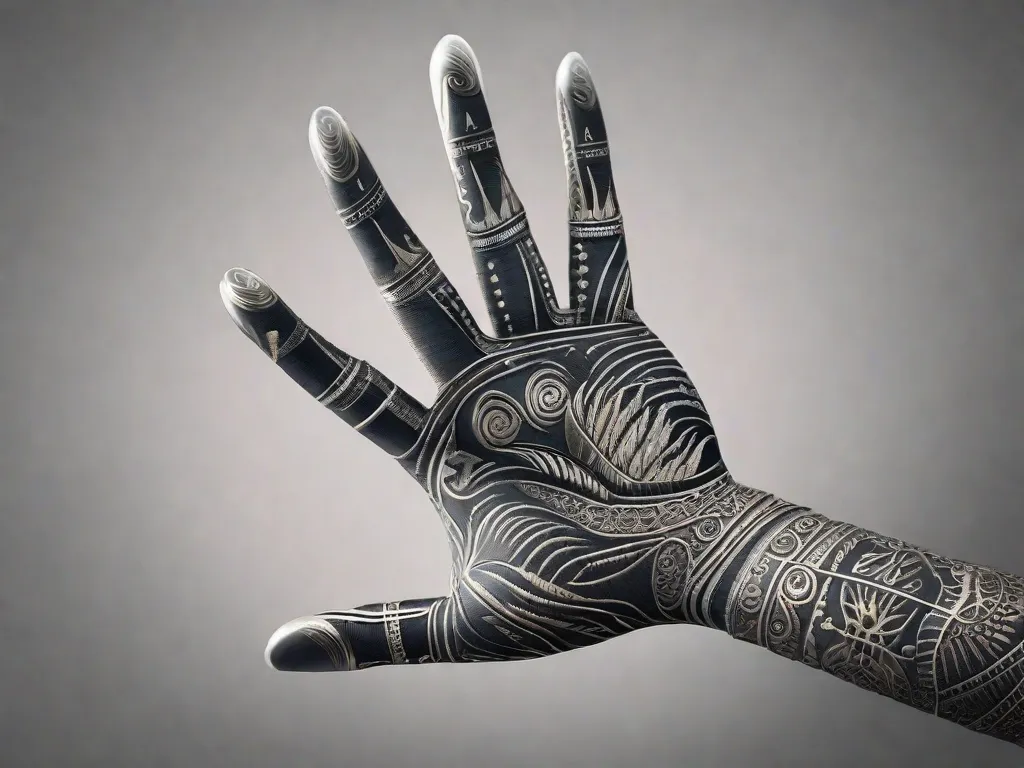 Uma imagem de um close-up de uma mão com marcações únicas e intricadas na palma. As linhas e símbolos na palma representam a individualidade e o destino de uma pessoa, mostrando a beleza e o mistério dessas marcações especiais.