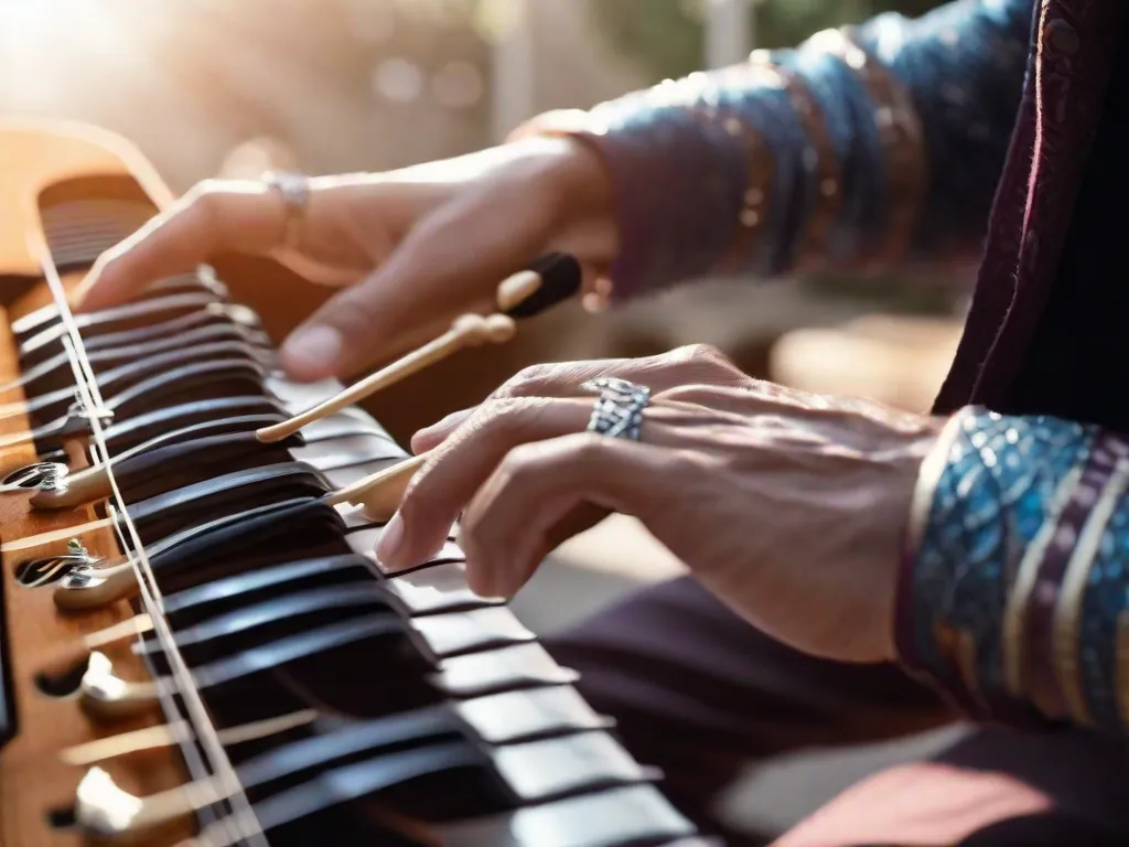 Uma imagem em close de um par de mãos tocando um instrumento musical com um design intrincado e único. Os dedos estão se movendo rapidamente, criando ritmos complexos e inovadores. A imagem captura a paixão e habilidade do músico, mostrando a beleza das composições musicais complexas.