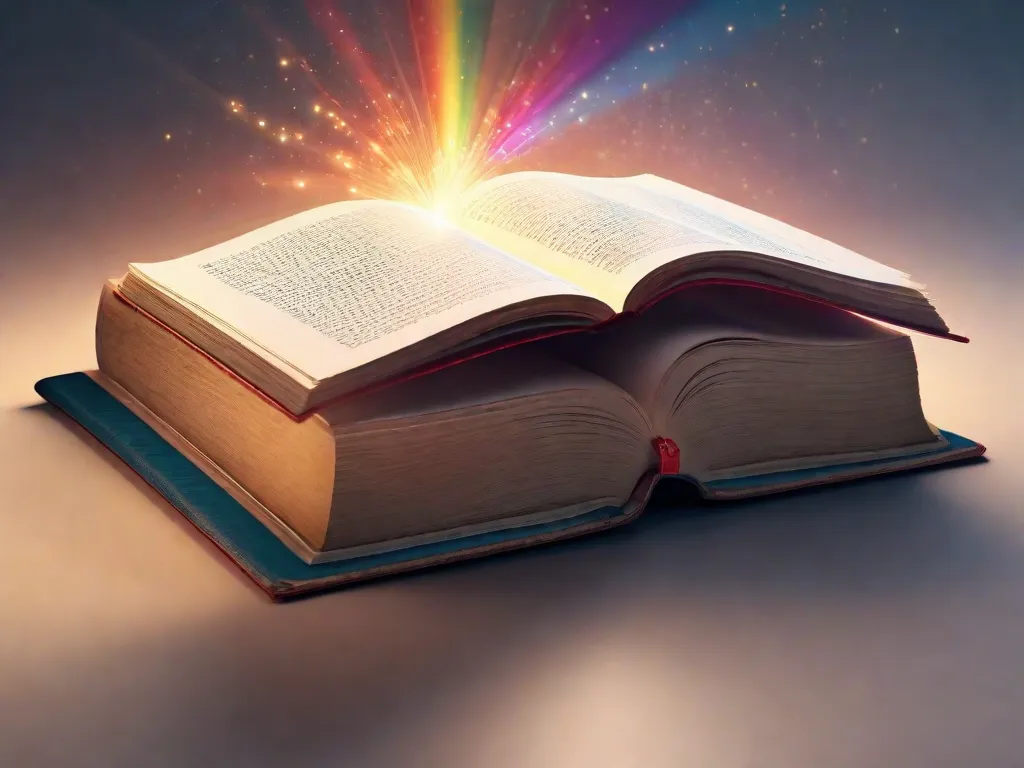 Uma imagem em close-up de um par de mãos segurando um livro aberto, com raios de luz iluminando as páginas. O livro está cheio de ilustrações coloridas e palavras, simbolizando o poder da leitura e do conhecimento para iluminar e inspirar.