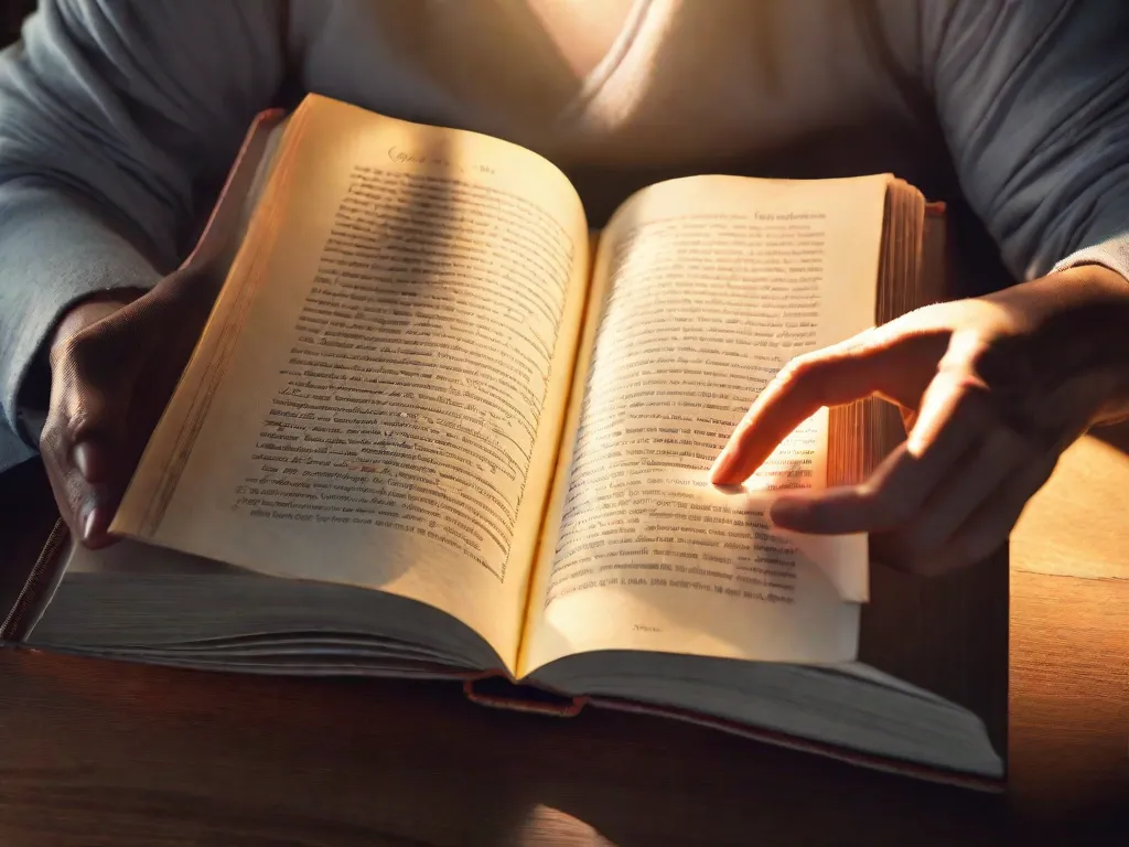 Descrição da imagem: Um close das mãos de uma pessoa segurando um livro aberto, com a luz do sol atravessando as páginas. Os dedos da pessoa traçam suavemente as palavras na página, simbolizando o poder transformador da leitura na formação do caráter.