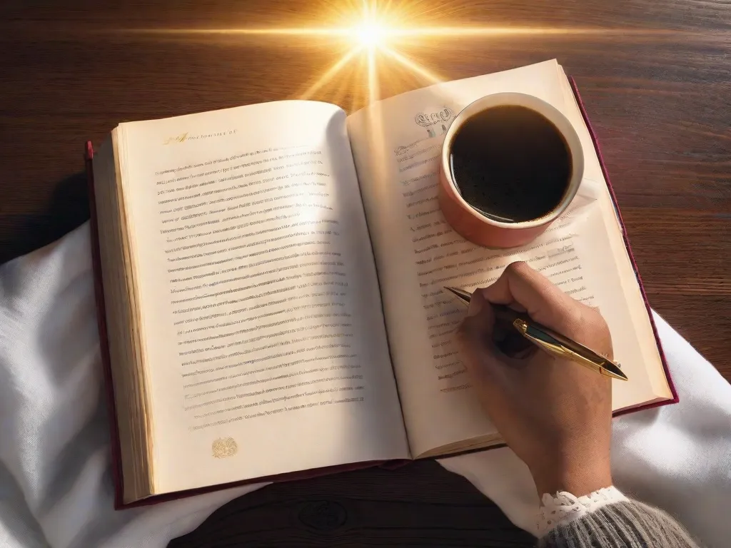 Uma imagem em close-up de um par de mãos segurando um livro aberto, com raios de luz saindo das páginas. As mãos estão cercadas por vários objetos como uma caneta, óculos e uma xícara de café, simbolizando a inspiração e o conhecimento adquirido através da leitura.