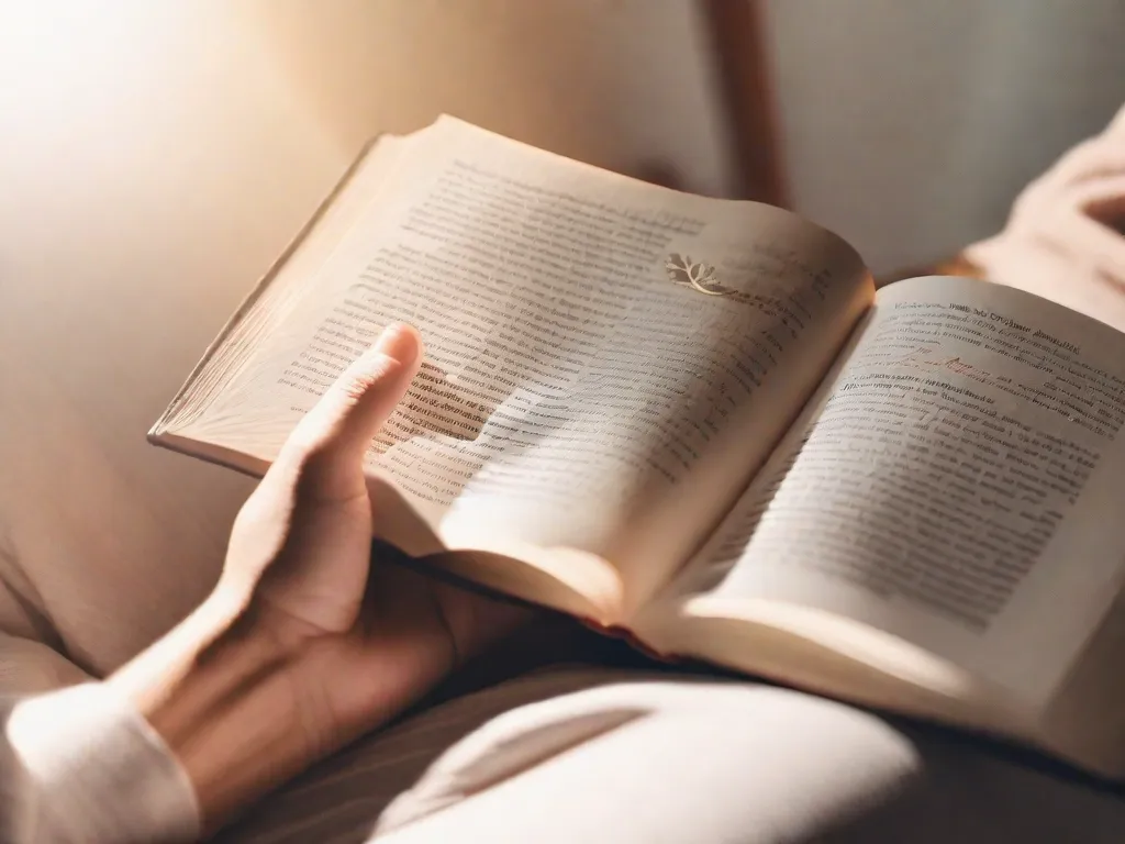 Uma imagem em close-up das mãos de uma pessoa segurando um livro, com um raio de sol iluminando as páginas. O livro está aberto em uma página cheia de citações inspiradoras e palavras que nos fazem refletir, simbolizando a jornada de encontrar respostas para nossas perguntas mais profundas por meio do conhecimento e da introspecção.