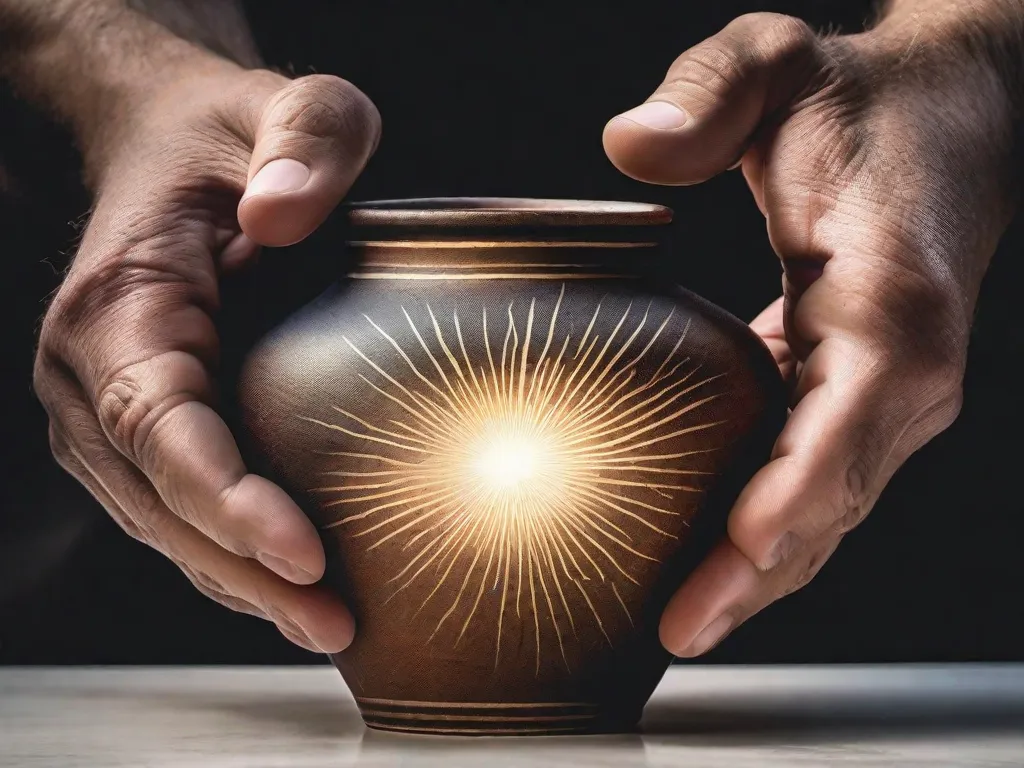 Um close de um par de mãos segurando um vaso de cerâmica rachado e quebrado, com raios de sol atravessando as rachaduras. A imagem simboliza o poder da resiliência e a beleza que pode surgir ao superar desafios e adversidades.