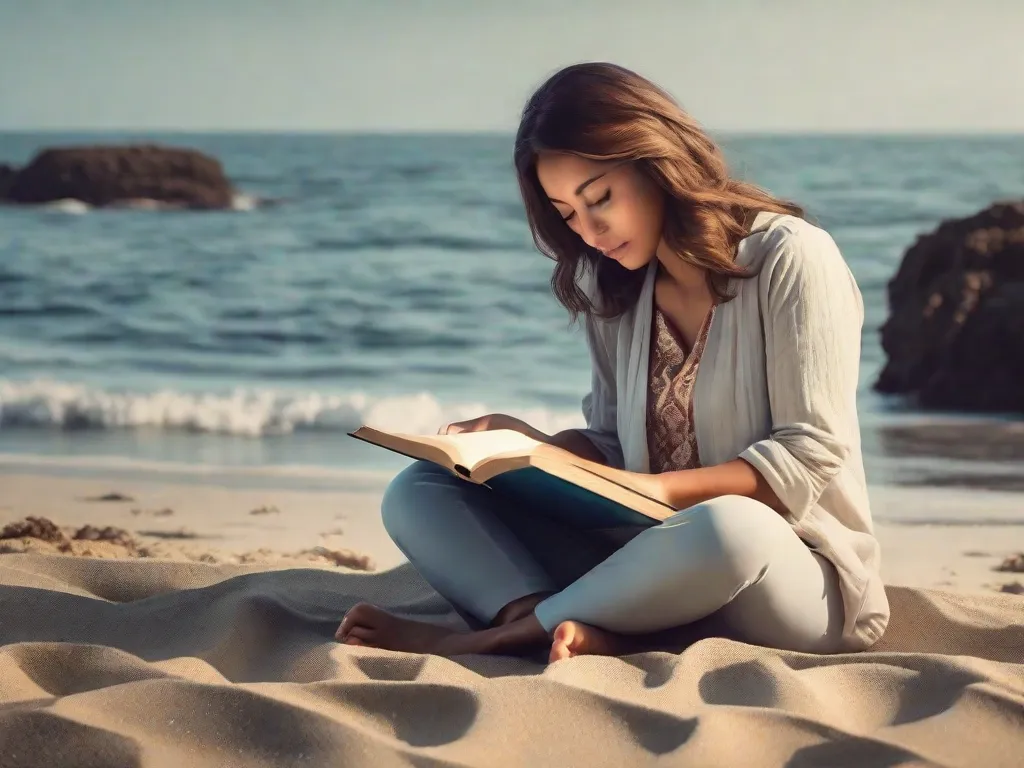 Uma imagem serena de uma pessoa sentada de pernas cruzadas em uma praia, cercada pelas ondas suaves do oceano. Com os olhos fechados e uma expressão tranquila, ela está absorta na leitura de um livro, completamente imersa no momento presente, utilizando técnicas de meditação para aprimorar sua experiência de leitura.