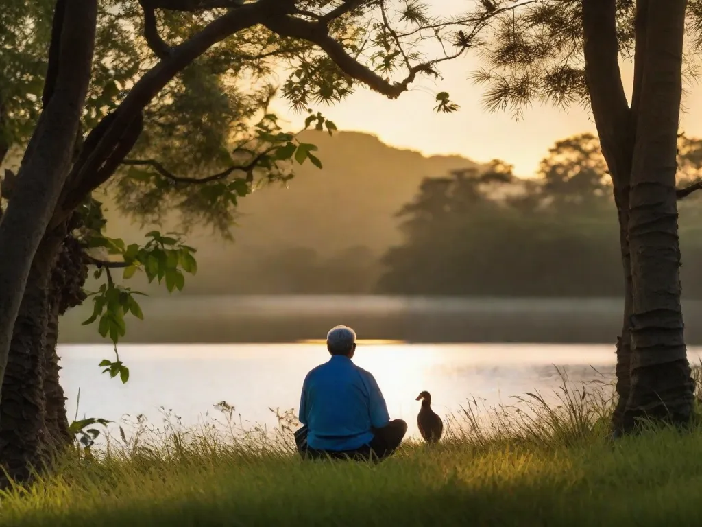 A imagem mostra uma pessoa sentada em posição de meditação, com as pernas cruzadas e as mãos apoiadas nos joelhos. Ela está em um ambiente tranquilo, rodeada pela natureza, com árvores e flores ao redor. O sol está brilhando suavemente no céu, transmitindo uma sensação de paz e calma. A pessoa está com os olhos fechados, demonstrando concentração