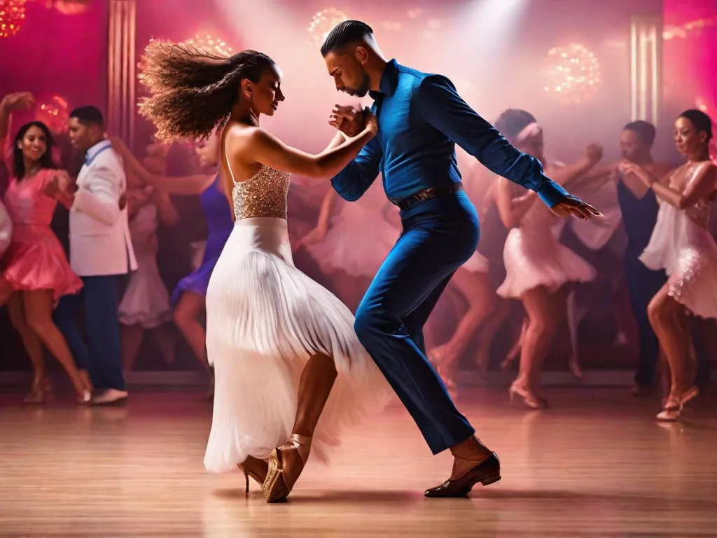 Uma imagem vibrante captura a essência da dança contemporânea de merengue. Dois dançarinos se movem graciosamente pelo salão de dança, seus corpos entrelaçados em um fluxo contínuo de movimentos fluidos. A energia no ambiente é palpável enquanto seus pés deslizam sem esforço, exalando paixão e elegância.