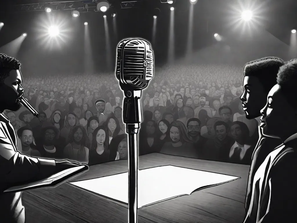 Uma imagem em preto e branco de um microfone em um palco, com um holofote brilhando sobre ele. O microfone está cercado por um grupo de poetas diversos, cada um segurando um livro com suas poesias. Eles estão em pé, confiantes, prontos para compartilhar suas palavras poderosas com o mundo.