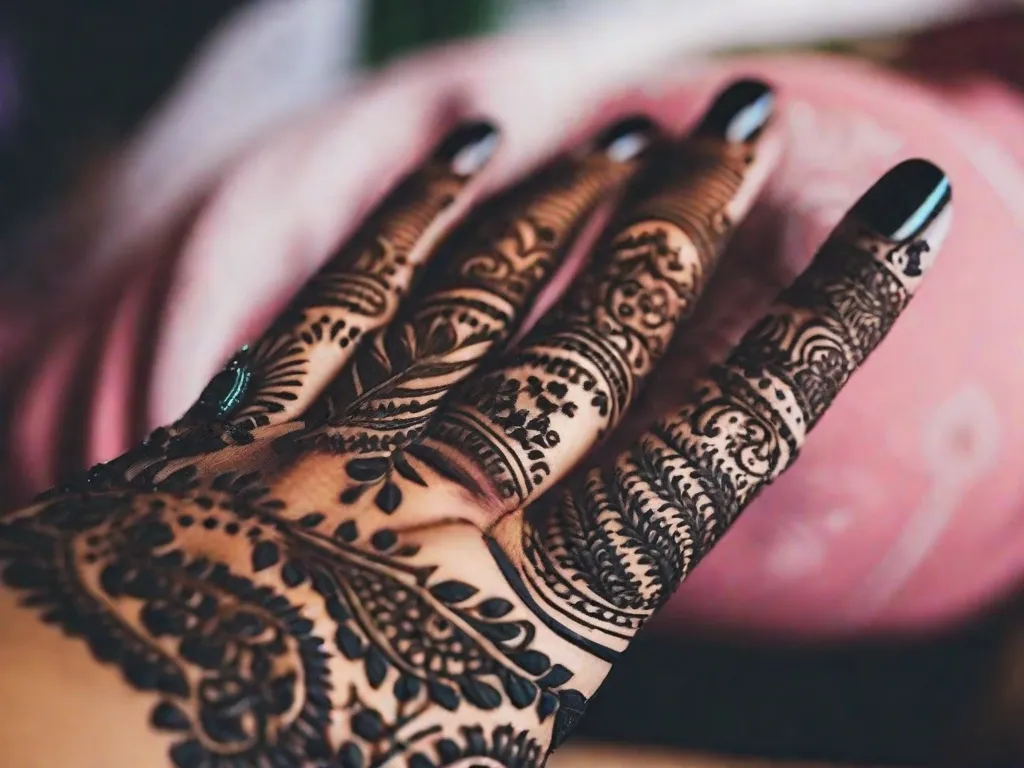 Descrição da imagem: Um close-up da mão de uma pessoa com a palma voltada para cima. A mão está adornada com intricados desenhos de henna, simbolizando a mistério e segredos escondidos nas linhas da palma. A imagem captura a essência da leitura de mãos, convidando os espectadores a explorar os mistérios e segredos que estão em suas próprias mãos