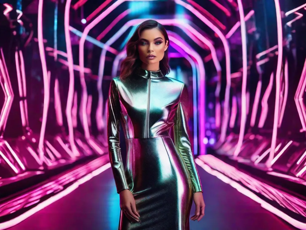 Nesta fotografia de moda futurista, uma modelo se destaca diante de um cenário de luzes holográficas. Ela veste um vestido metálico elegante com padrões geométricos, exibindo as tendências e inovações de ponta de 2024. A imagem captura a essência da tecnologia se fundindo com o estilo, criando um visual ousado e avant-garde.