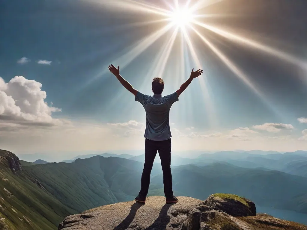 Uma bela imagem de uma pessoa em pé no topo de uma montanha, com os braços estendidos em direção ao céu, enquanto raios de sol rompem as nuvens. O rosto da pessoa está cheio de paz e serenidade, simbolizando sua conexão fortalecida com Deus.