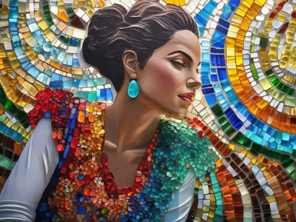 Uma vibrante obra de arte em mosaico feita inteiramente a partir de garrafas de vidro recicladas, capturando a beleza de reutilizar materiais na criação artística. Os cacos coloridos se unem para formar uma imagem deslumbrante, simbolizando o poder da reciclagem e o potencial de beleza em lugares inesperados.