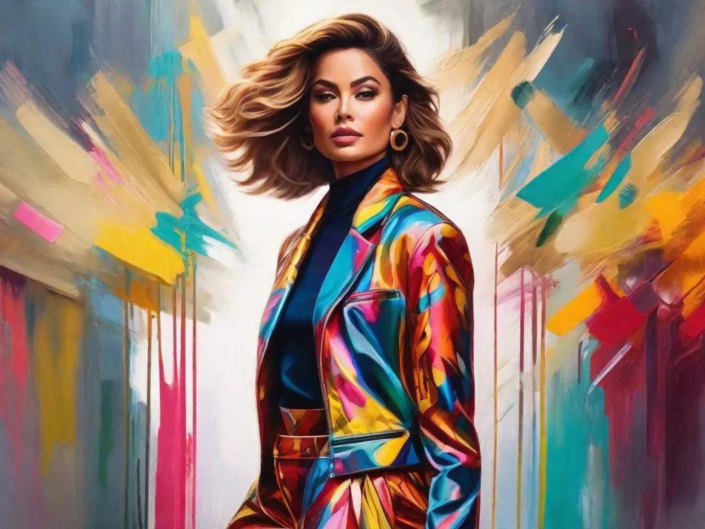 Uma pintura vibrante de uma mulher usando um traje elegante, com pinceladas ousadas e coloridas representando seu senso único de estilo. A obra de arte mistura perfeitamente moda e arte, mostrando como incorporar a arte no estilo pessoal pode criar um visual visualmente impressionante e expressivo.