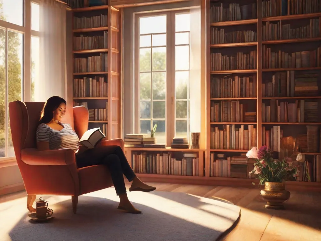 Descrição da imagem: Uma mulher sentada em uma poltrona aconchegante ao lado de uma janela, cercada por estantes cheias de livros. Ela está absorta em um livro, com uma xícara de chá quente em uma mesa ao lado. A luz suave do sol que entra pela janela ilumina sua expressão tranquila, realçando a alegria e o relaxamento que a leitura proporciona.