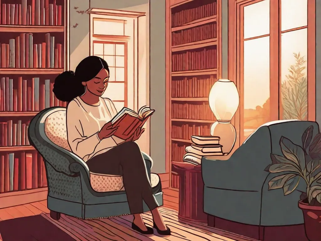 Descrição da imagem:
Uma mulher está sentada em uma poltrona aconchegante, rodeada por uma pilha de livros. Ela está absorta na leitura, com um sorriso de contentamento no rosto. A suave luz de uma luminária de leitura ilumina o ambiente, criando uma atmosfera acolhedora e convidativa. Os livros representam conhecimento, imaginação e as infinitas