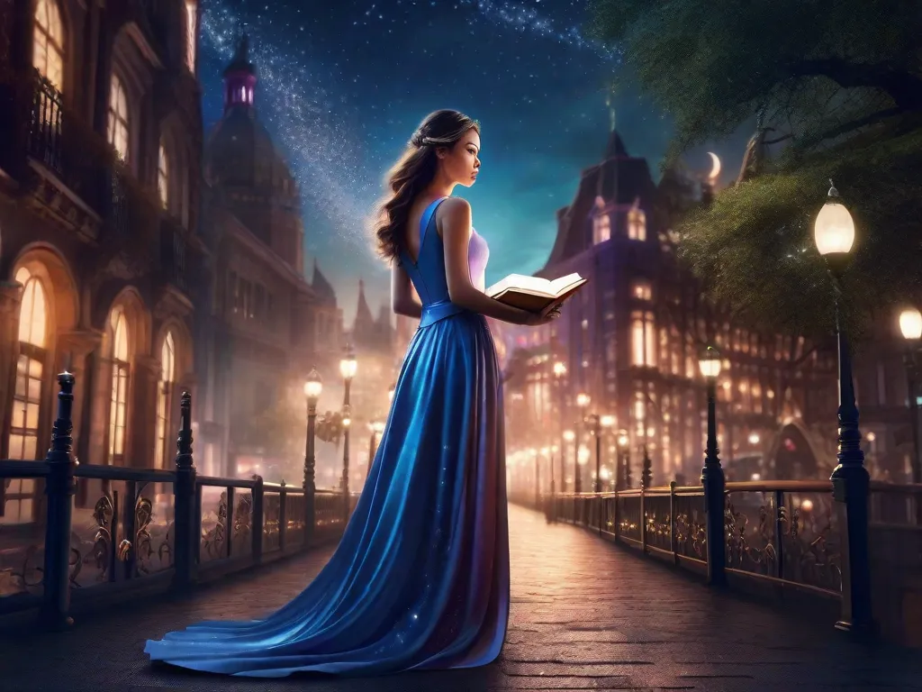 Uma imagem mágica de uma jovem mulher em um vestido esvoaçante, parada em uma paisagem urbana vibrante à noite. Ela segura um livro em suas mãos, com páginas preenchidas por contos de fadas modernos. As luzes da cidade brilham ao seu redor, como se fossem estrelas encantadas guiando-a em sua jornada encantadora.