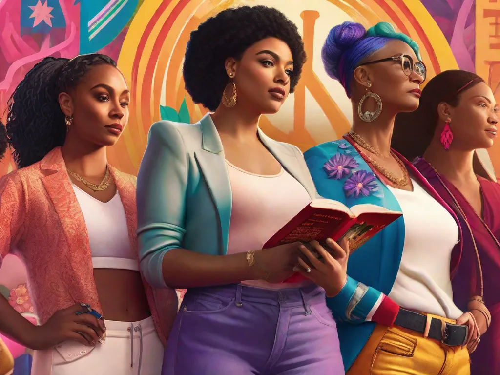 Uma imagem de um grupo de mulheres diversas, em pé juntas, cada uma segurando um livro intitulado 