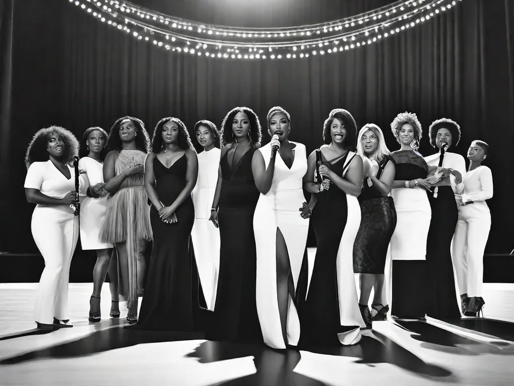 Uma fotografia em preto e branco de um grupo de mulheres diversas, cada uma segurando um microfone, em pé em um palco. Suas expressões são confiantes e apaixonadas enquanto recitam poesia, representando as vozes poderosas e diversas das mulheres no mundo da literatura.