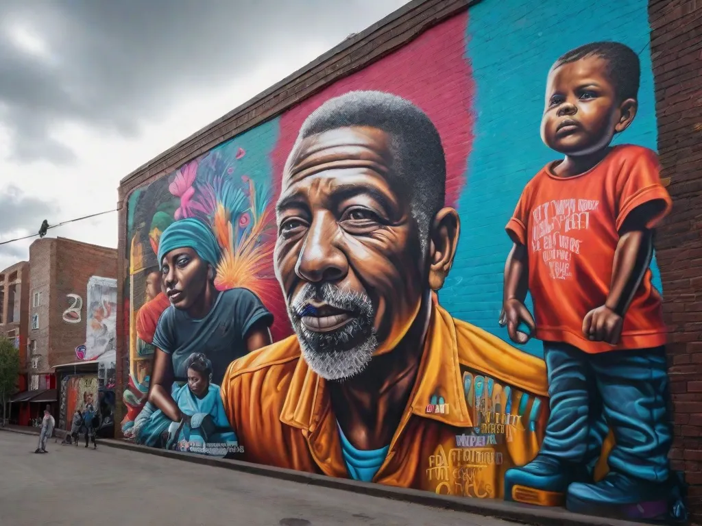 Um vibrante mural pintado em uma parede da cidade retrata uma poderosa mensagem de mudança social. Cores vivas e detalhes intricados dão vida ao espírito da arte de rua como forma de expressão e protesto. Os transeuntes são cativados pela obra de arte, gerando conversas e despertando um senso de união dentro da comunidade.