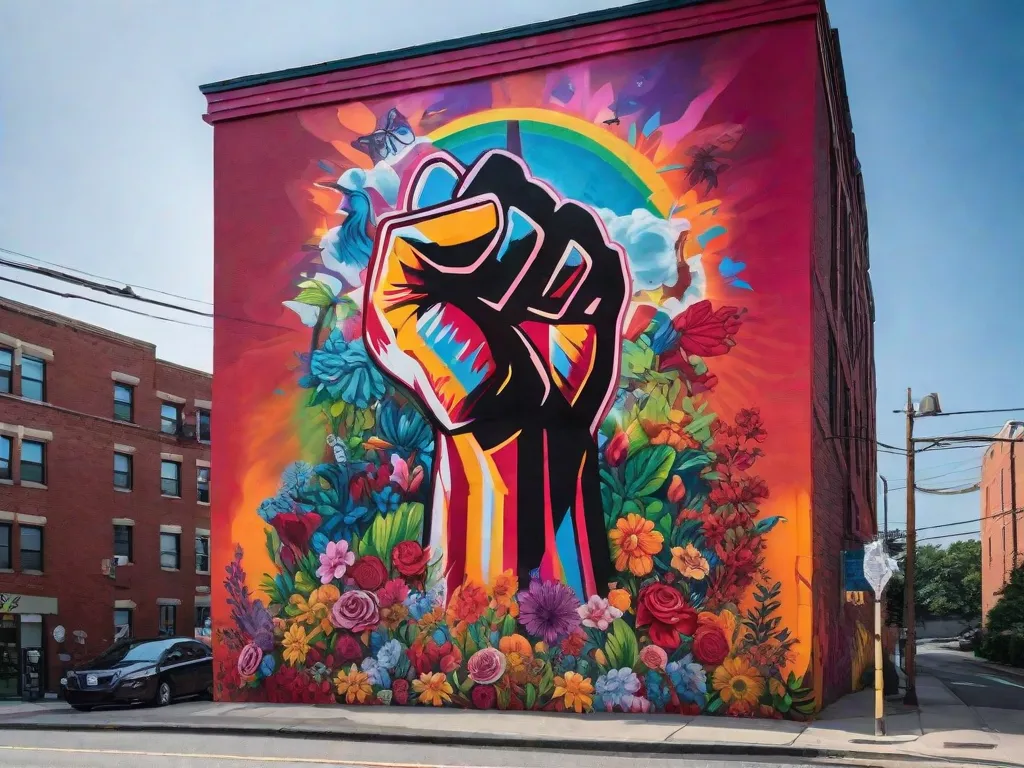 Na imagem, um vibrante mural cobre o lado de um prédio da cidade. Arte de graffiti ousada e expressiva retrata vários símbolos de protesto social, como punhos erguidos, sinais de paz e slogans que defendem igualdade e justiça. As cores e a energia da obra refletem a voz apaixonada da comunidade.