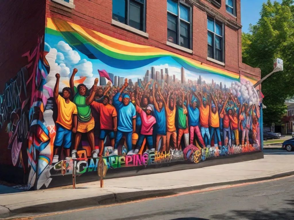 Descrição da imagem: Um vibrante mural de graffiti cobre o lado de um prédio da cidade, retratando vários símbolos poderosos de protesto social. Letras ousadas e coloridas soletram mensagens de união e resistência, enquanto imagens marcantes de punhos erguidos, correntes quebradas e pessoas marchando simbolizam a luta contra a injustiça social.