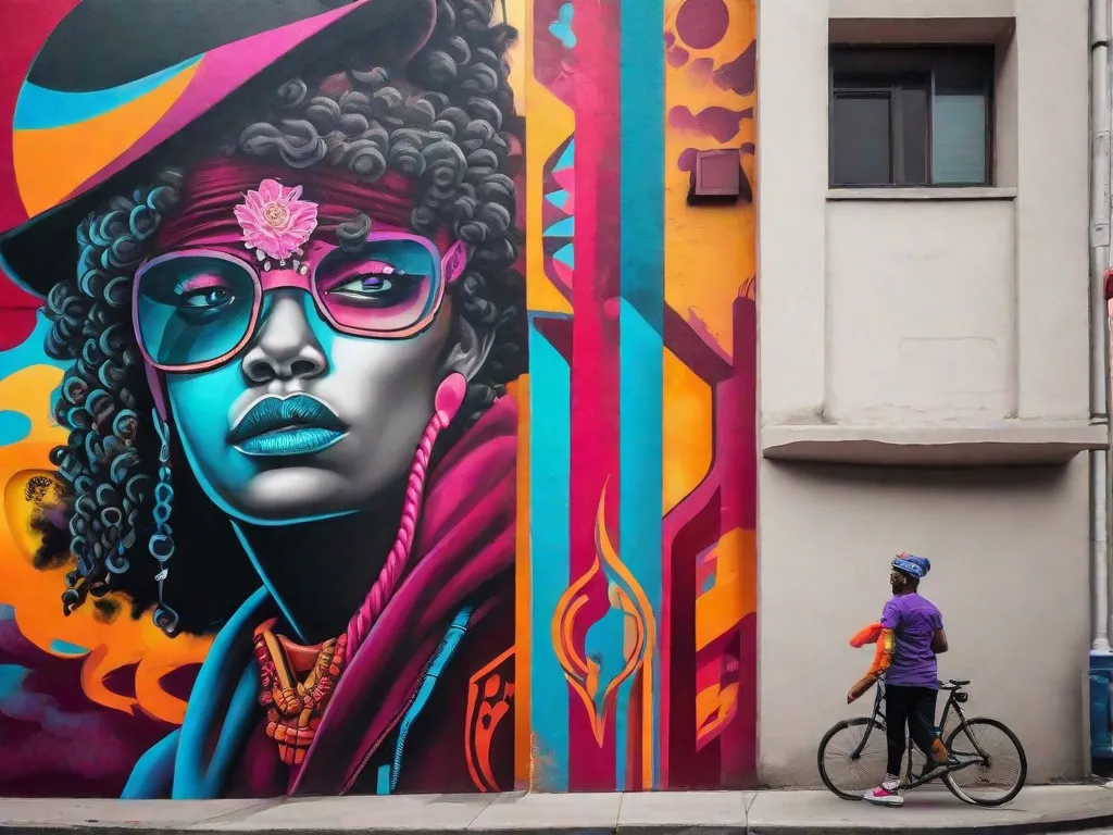 Em uma movimentada rua da cidade, um vibrante mural de grafite se destaca contra uma parede de concreto. Cores ousadas e desenhos intricados retratam símbolos poderosos de resistência e união. Transeuntes param, cativados pela obra de arte que serve como uma voz visual para a mudança social em 2024.