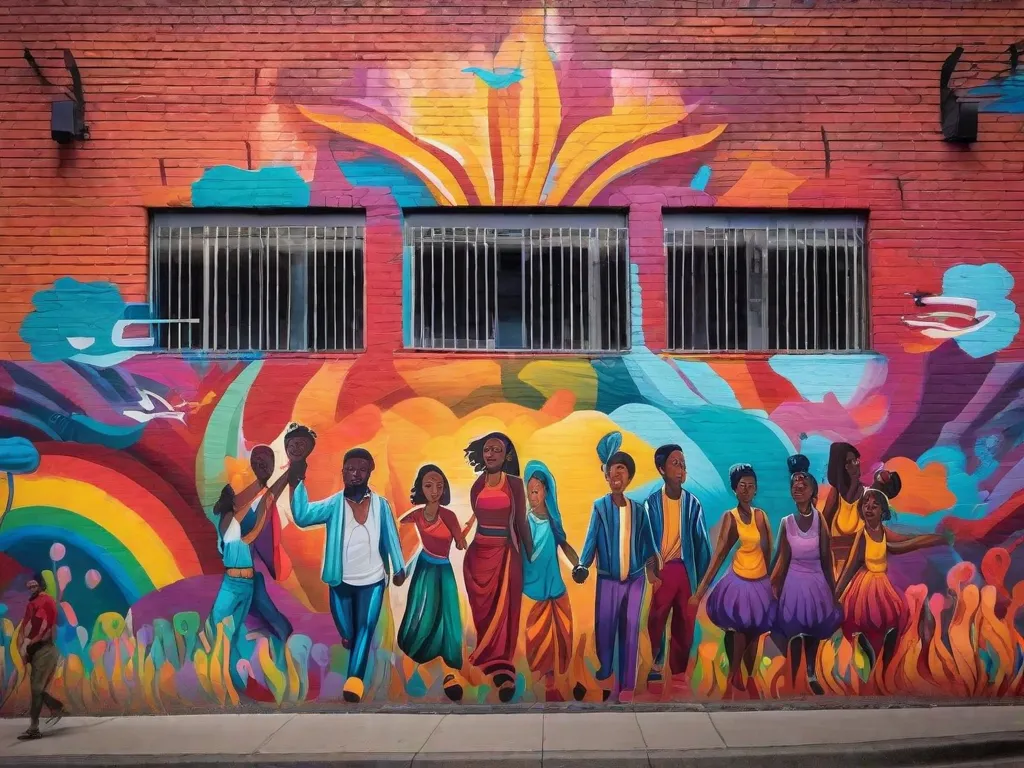 A imagem mostra um mural vibrante pintado em uma parede da cidade. Pinceladas audaciosas e expressivas dão vida a uma mensagem poderosa de justiça social. A obra de arte retrata indivíduos diversos de mãos dadas, representando união e solidariedade diante da adversidade. As cores explodem do mural, simbolizando a energia e paixão por trás da arte de rua como forma de protesto e