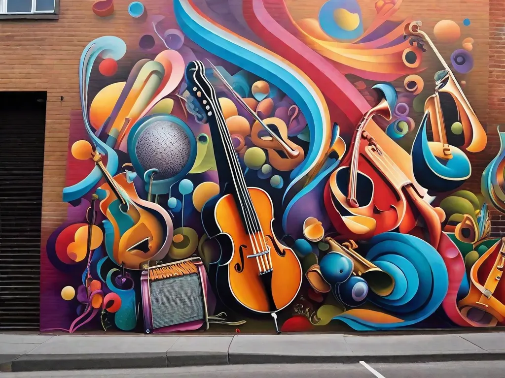 Um mural vibrante pintado em um muro da cidade retrata uma sinfonia de instrumentos musicais, fundindo-se com formas e cores abstratas. A obra de arte captura a essência da música de uma maneira visualmente cativante e dinâmica, exibindo a influência da música na arte contemporânea.