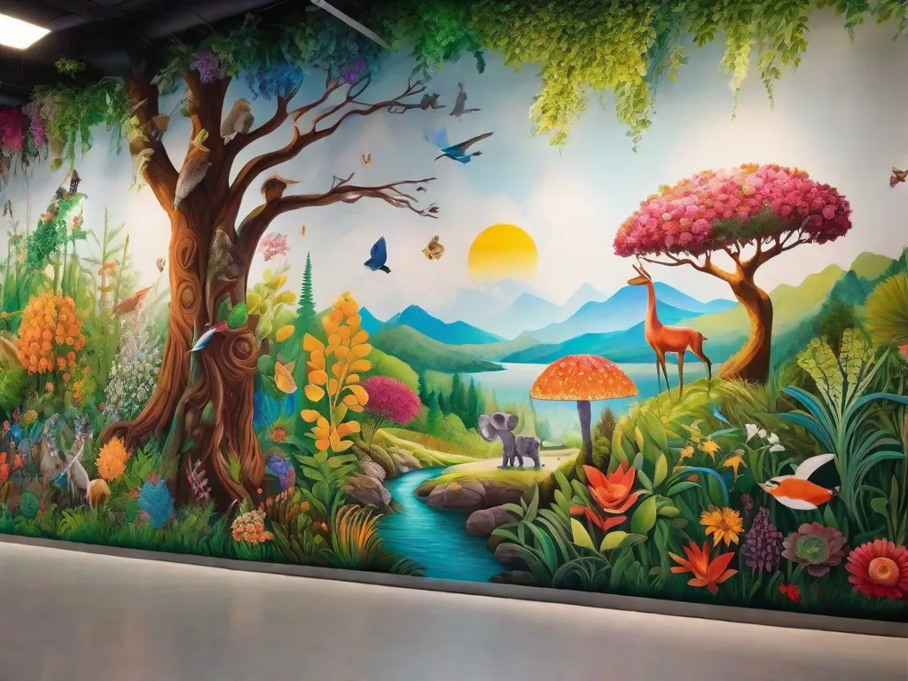 Um vibrante mural retratando elementos coloridos e interconectados da natureza, como árvores, flores e animais, serve como uma representação visual da relação entre arte e sustentabilidade. A obra de arte mostra como a arte pode inspirar e promover a conscientização ambiental, incentivando práticas sustentáveis para um futuro mais verde.