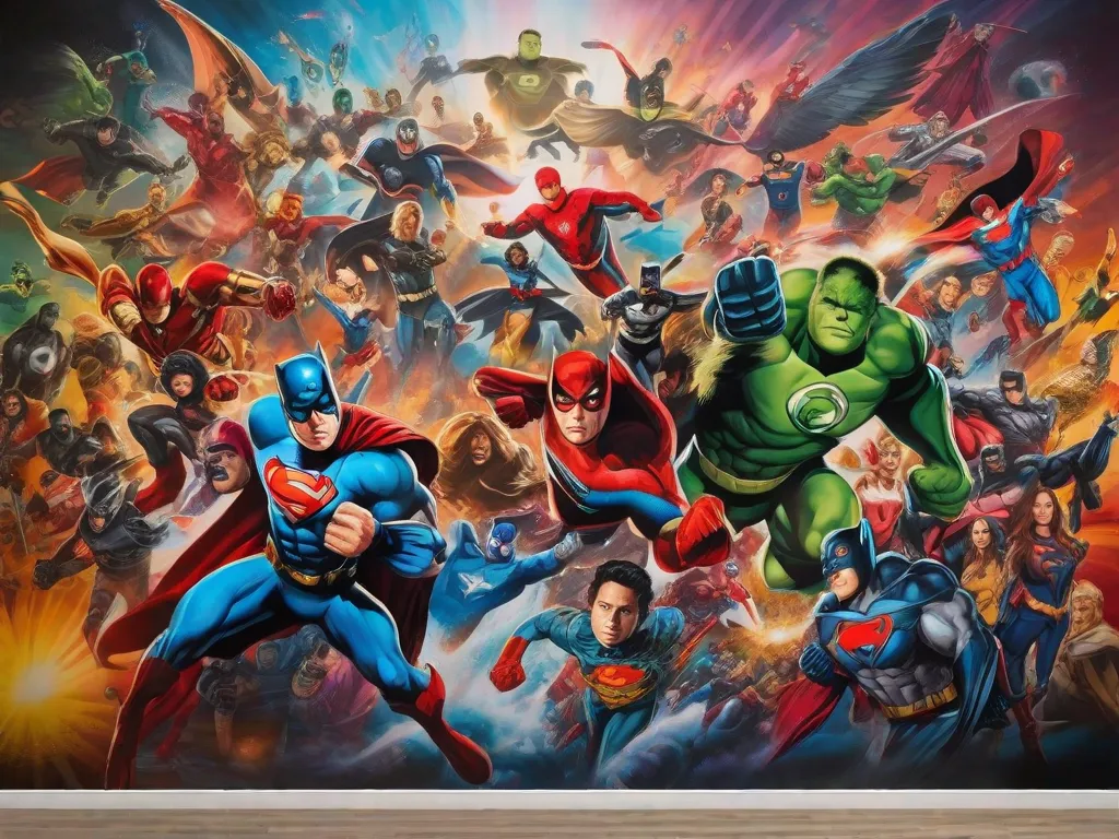 Um mural vibrante e colorido que retrata símbolos icônicos da cultura pop, como super-heróis, personagens de filmes e músicos, mesclando-se perfeitamente com elementos de arte abstrata e moderna. Essa fusão representa como a cultura pop se tornou uma força motriz na formação da cena artística contemporânea, aproximando o entretenimento popular da expressão artística.