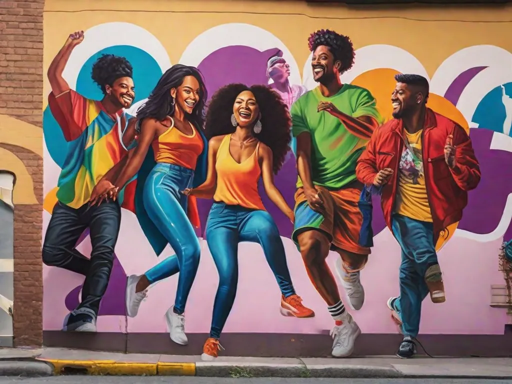 Um vibrante mural pintado em uma parede da cidade retrata um grupo diversificado de pessoas envolvidas em várias atividades, como tocar música, dançar e rir juntas. As cores e a energia da obra de arte simbolizam o poder da arte urbana em promover a interação e conexão da comunidade.