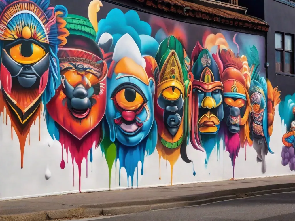 Um vibrante mural pintado em uma parede da cidade, retratando uma variedade diversa de personagens coloridos e formas abstratas. A obra de arte exibe a criatividade e o talento dos artistas urbanos, capturando a essência da cultura de rua e a energia vibrante da cidade.