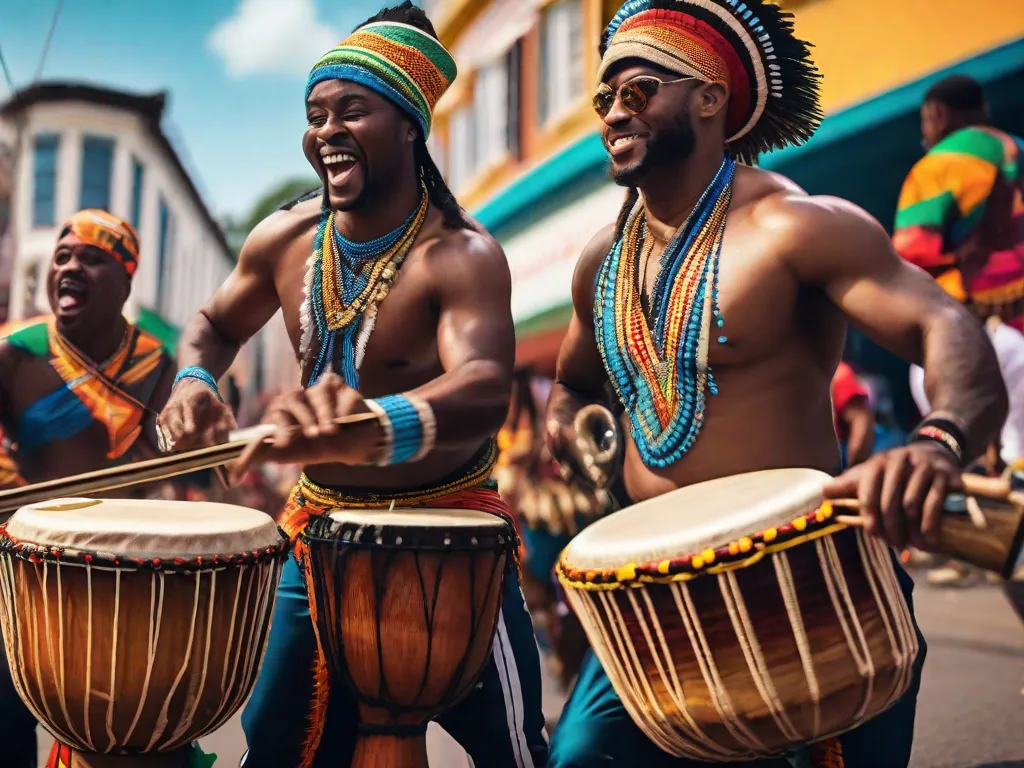 Uma imagem vibrante de um grupo de músicos tocando instrumentos tradicionais africanos, como tambores djembe e kora, em um colorido desfile de rua no Brasil. Sua performance energética captura a essência dos ritmos africanos que influenciaram e moldaram a música brasileira ao longo da história.