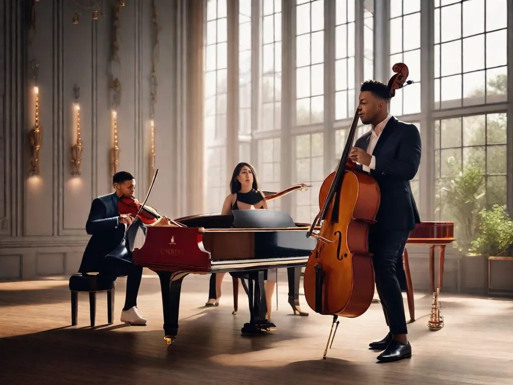 Descrição: Um grupo de músicos vestidos com roupas contemporâneas, se apresentando em um palco adornado com uma decoração minimalista. Os músicos estão tocando uma variedade de instrumentos, incluindo um violino, violoncelo, flauta e piano. A atmosfera é íntima e a música está cheia de melodias e harmonias complexas, mostrando as novas tendências na música de câ