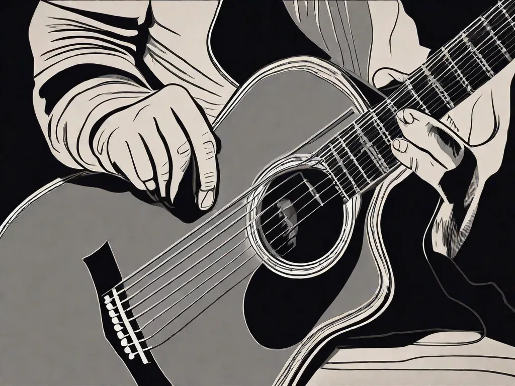 Descrição da imagem: Um close-up das mãos de um músico dedilhando uma guitarra, capturando os movimentos intricados e a conexão entre o artista e seu instrumento. A imagem destaca a paixão e habilidade envolvidas na música acústica contemporânea, ressaltando a fusão de elementos tradicionais e modernos.
