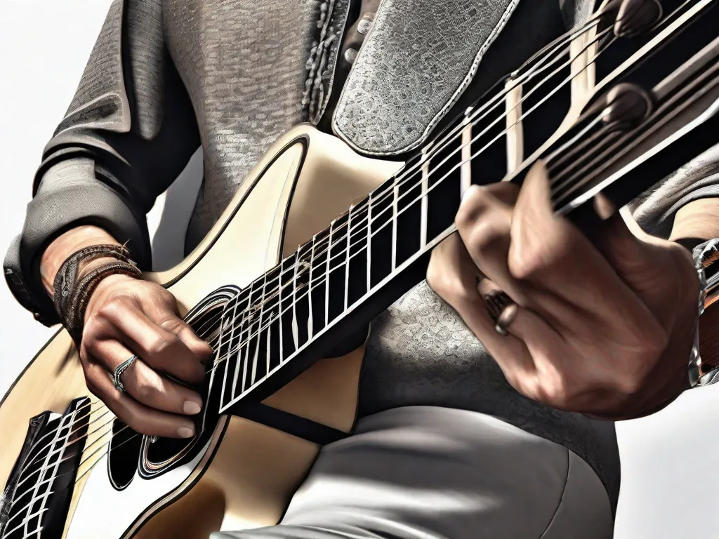 Descrição da imagem: Um close-up das mãos de um músico dedilhando uma guitarra, capturando os movimentos intricados e a conexão entre o artista e seu instrumento. A imagem destaca a paixão e habilidade envolvidas na música acústica contemporânea, ressaltando a fusão de elementos tradicionais e modernos.